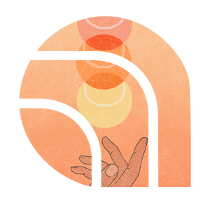 Ace The Moon Tennis Clothing Brand Logo - sunset orange bojo retro "a" with a hand throwing a tennis ball in the air