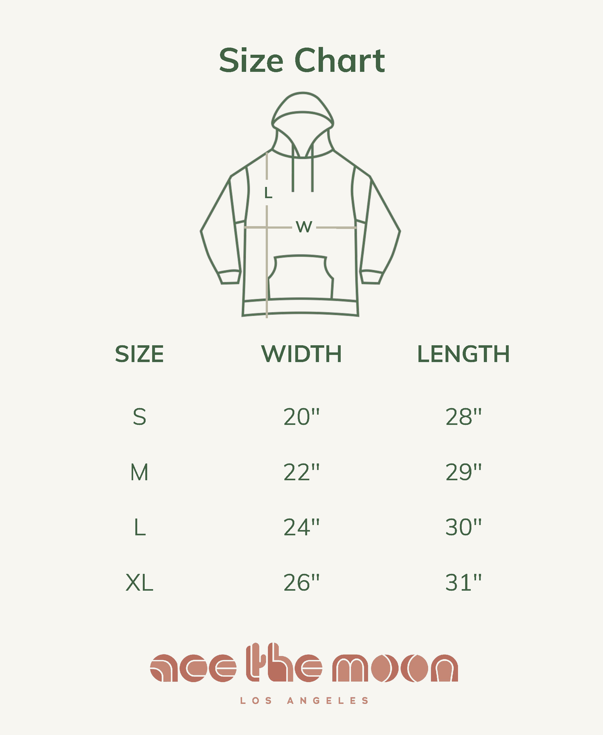Size chart for a hoodie with dimensions labeled, featuring the brand 'across the moon' at the bottom.