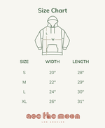 Size chart for a hoodie with dimensions labeled, featuring the brand 'across the moon' at the bottom.