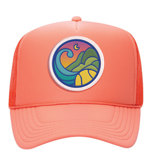 California Sunset Patched Tennis Trucker Hat in Coral by Ace the Moon Tennis apparel brand LA