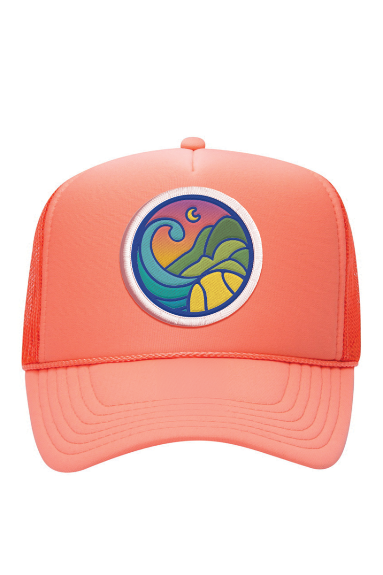 California Sunset Patched Tennis Trucker Hat in Coral by Ace the Moon Tennis apparel brand LA