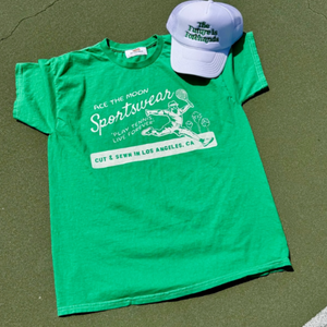 play tennis live forever tee in green by Ace the Moon tennis brand Los Angeles