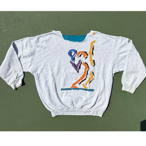 classic vintage womens tennis crewneck sweatshirt in heather gray showcasing 80's style artwork of colorful tennis player about to hit a serve