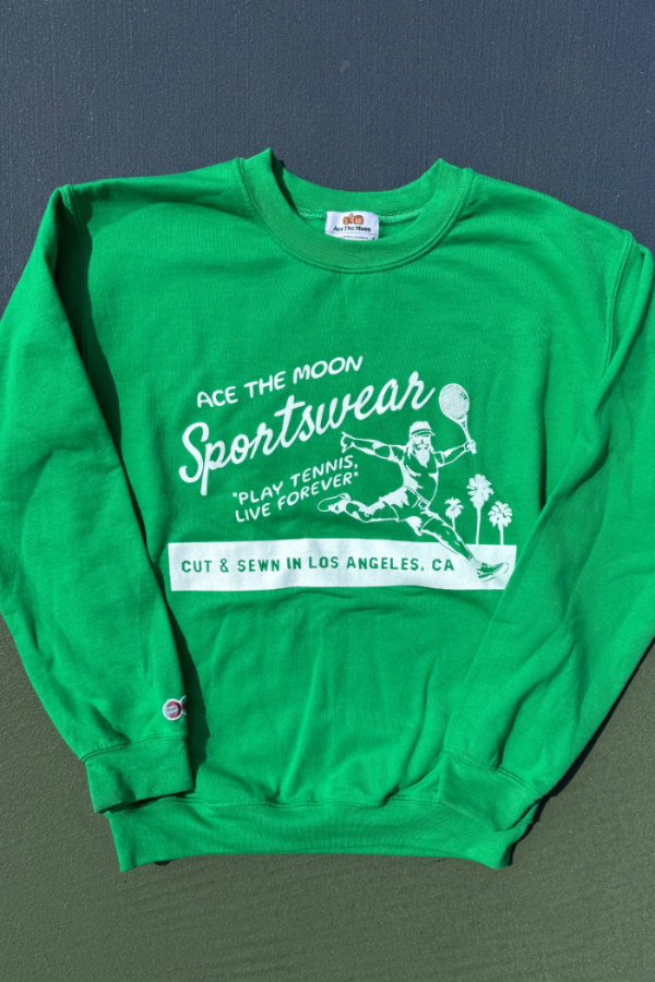ace the moon tennis sportswear premium hand-knit sweater in green with the words "play tennis, live forever" and "cut & Sewn in los angeles, CA" 