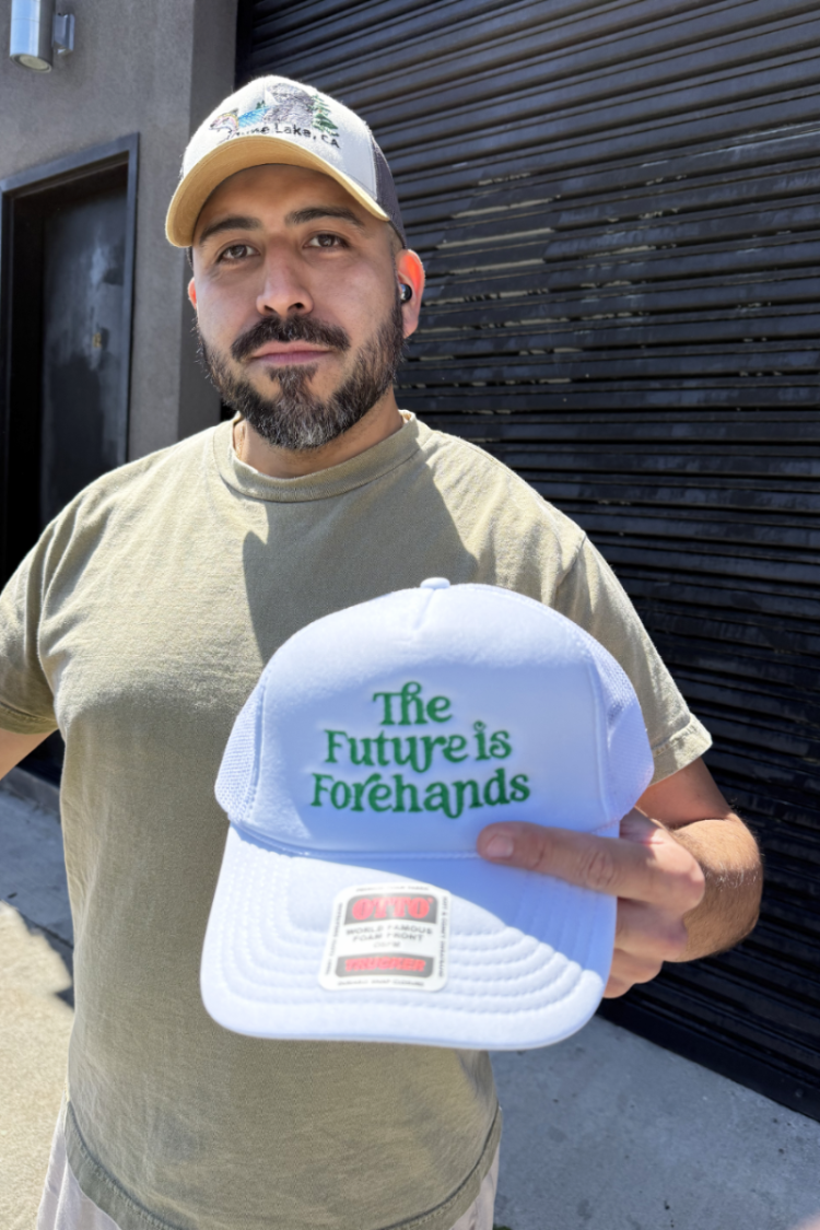 the future is forehands tennis trucker hat in white by Ace the Moon tennis apparel brand LA