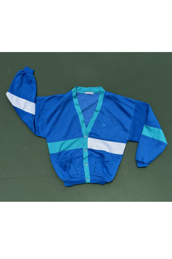 vintage dunlop cardigan sweatshirt in blue sold by Ave the Moon vintage tennis apparel brand los angeles california