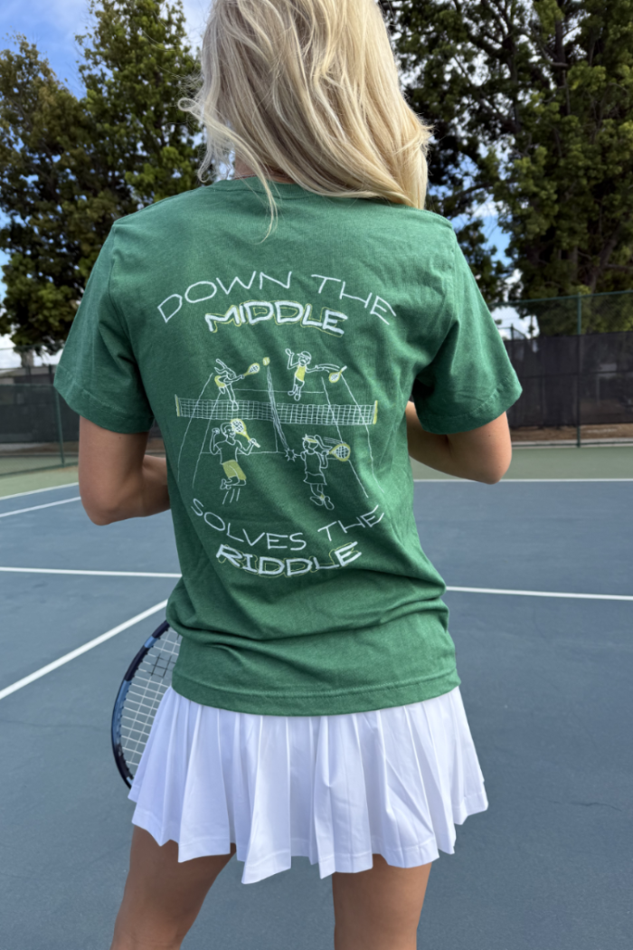 down the middle solves the riddle fun tennis tee by Ace the Moon tennis apparel brand LA