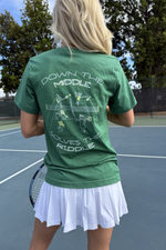 down the middle solves the riddle fun tennis tee by Ace the Moon tennis apparel brand LA