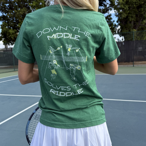 down the middle solves the riddle fun tennis tee by Ace the Moon tennis apparel brand LA