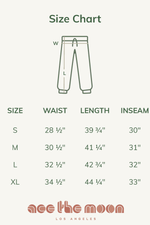 Size chart for pants with measurements in inches, featuring the brand 'ace the moon Los Angeles'.
