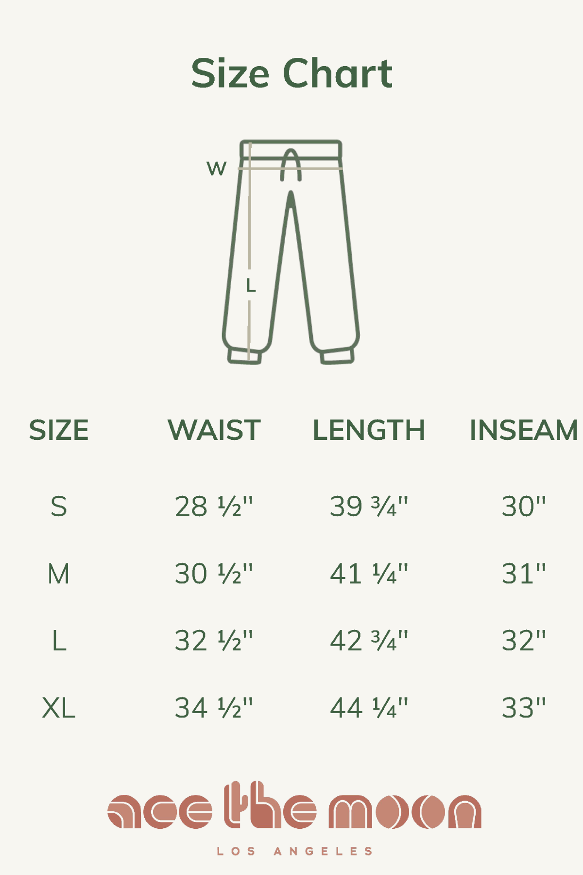 Size chart for pants with measurements in inches, featuring the brand 'ace the moon Los Angeles'.
