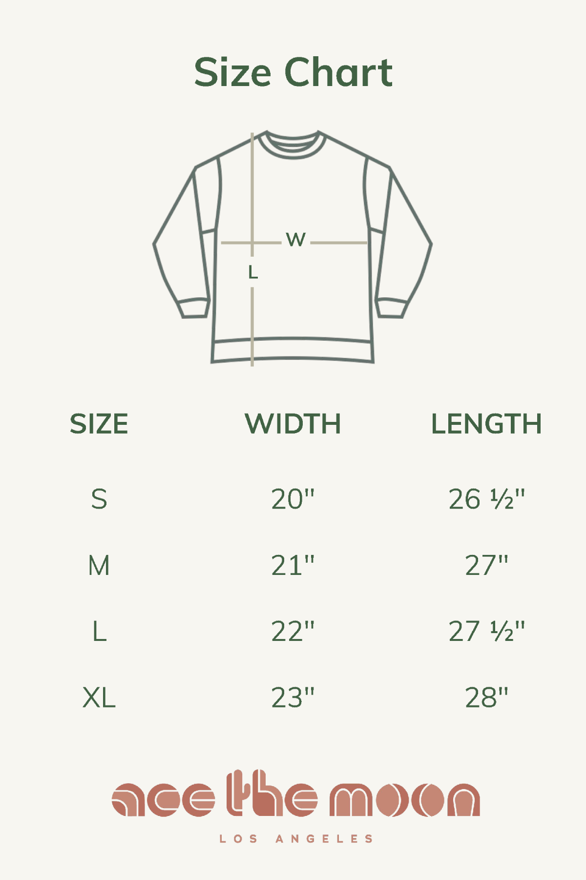 Size chart for a sweatshirt with measurements in inches, featuring the brand 'ace the moon' at the bottom.