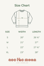 Size chart for a sweatshirt with measurements in inches, featuring the brand 'ace the moon' at the bottom.