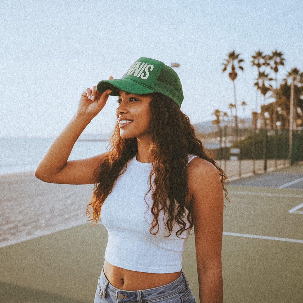 Woman wearing a green tennis trucker hat with 'tennis' text on a beachside court.