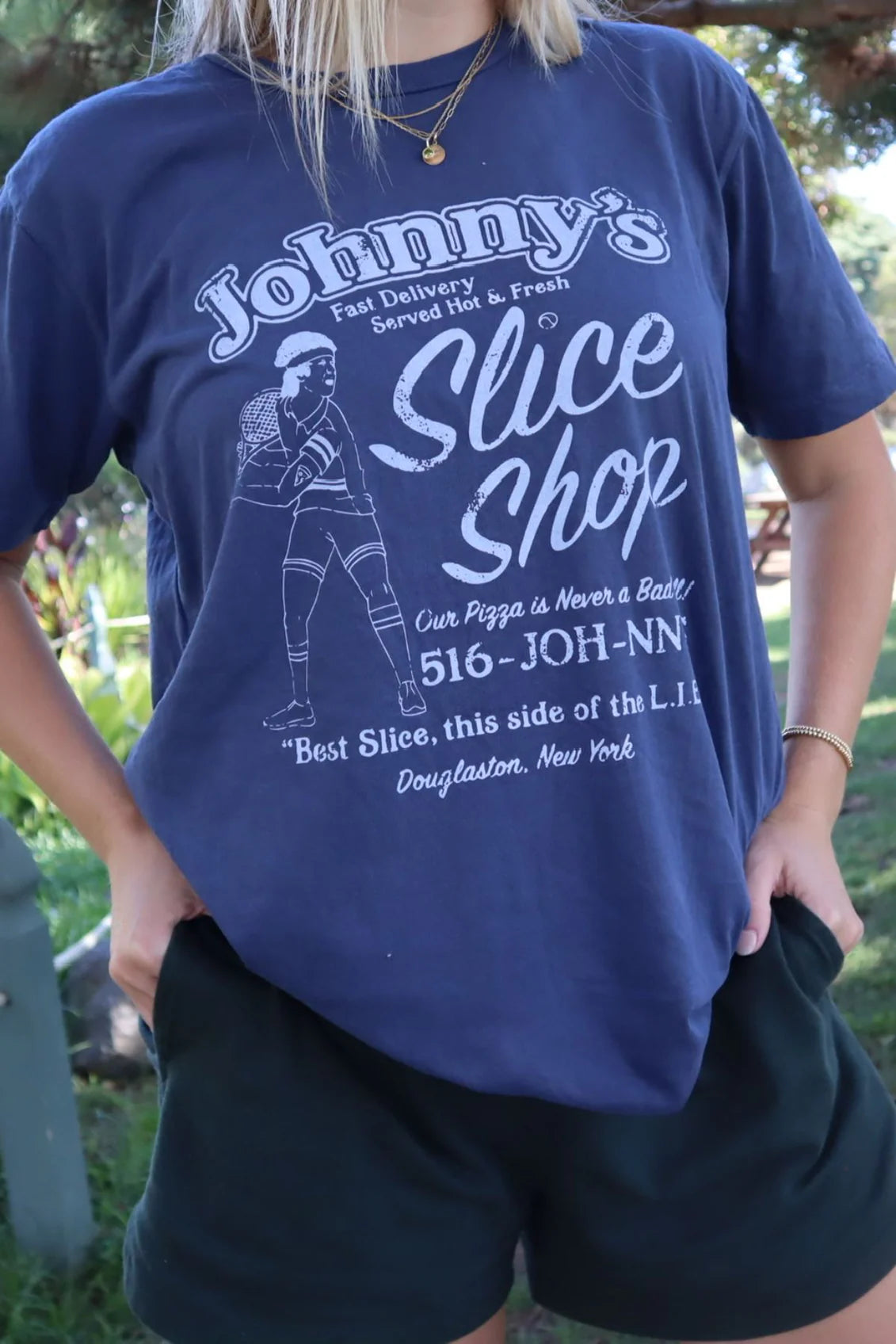 johnny's slice shop funny tennis shirt by ace the moon tennis and pickleball apparel brand