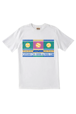White t-shirt with colorful graphic design on a white background