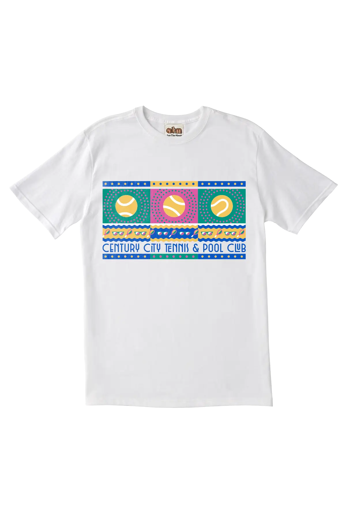 White t-shirt with colorful graphic design on a white background