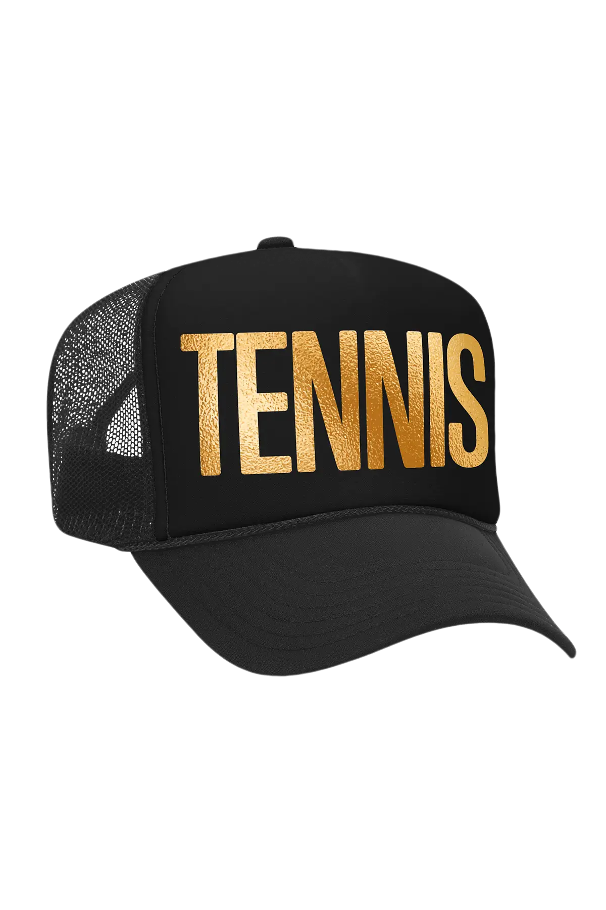 Black cap with 'TENNIS' in gold on a white background