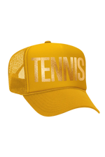 Yellow cap with 'TENNIS' text on a white background