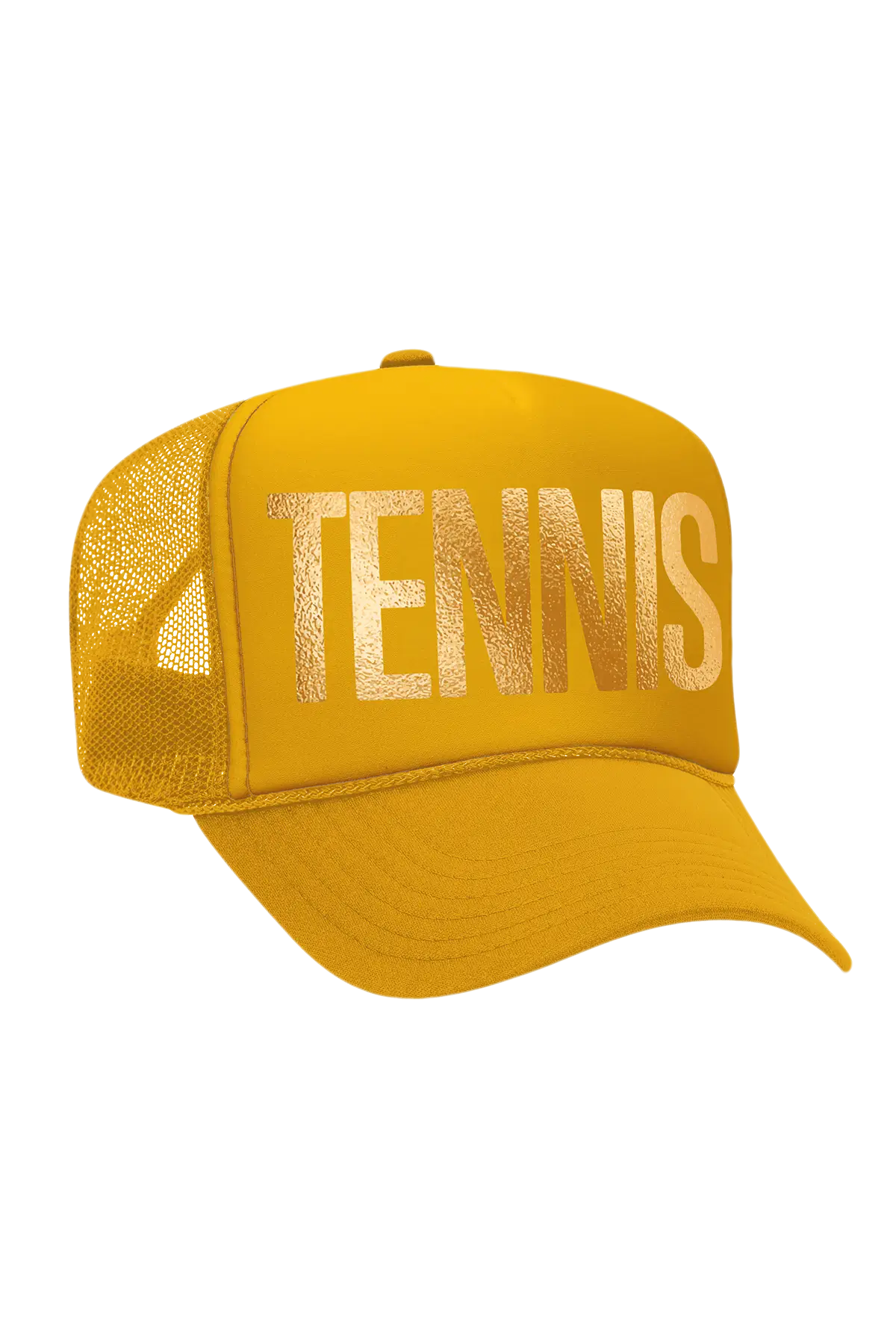 Yellow cap with 'TENNIS' text on a white background