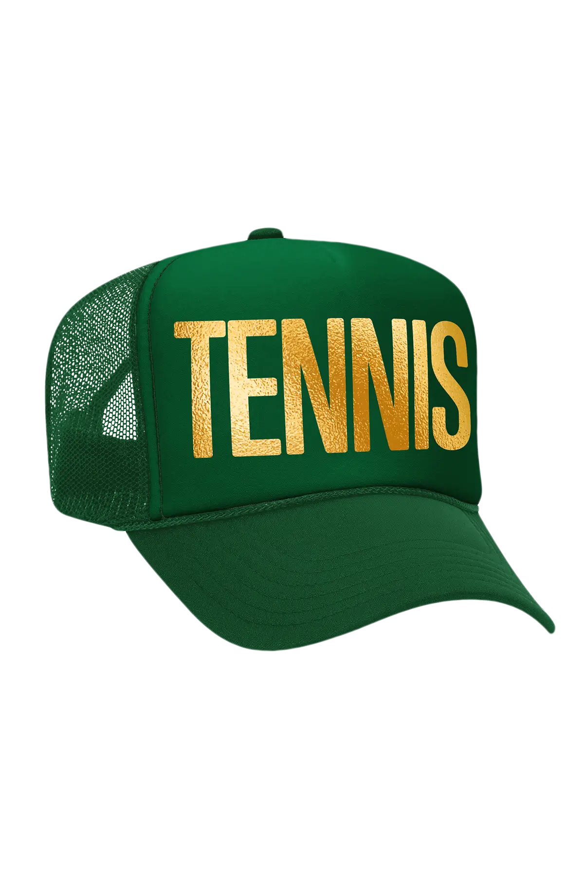 Green cap with 'TENNIS' in gold on a white background
