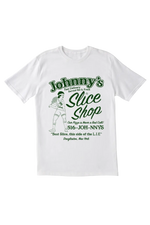 White t-shirt with green and black graphics and text on a white background