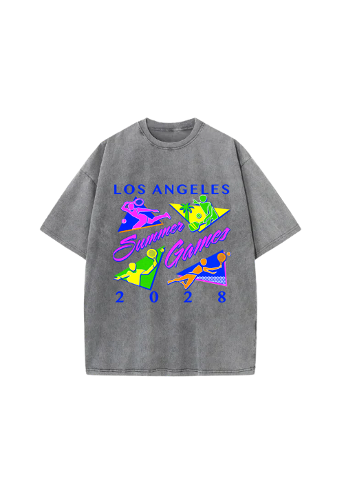 Gray t-shirt with 'Los Angeles Summer Games 2028' graphic design on a white background