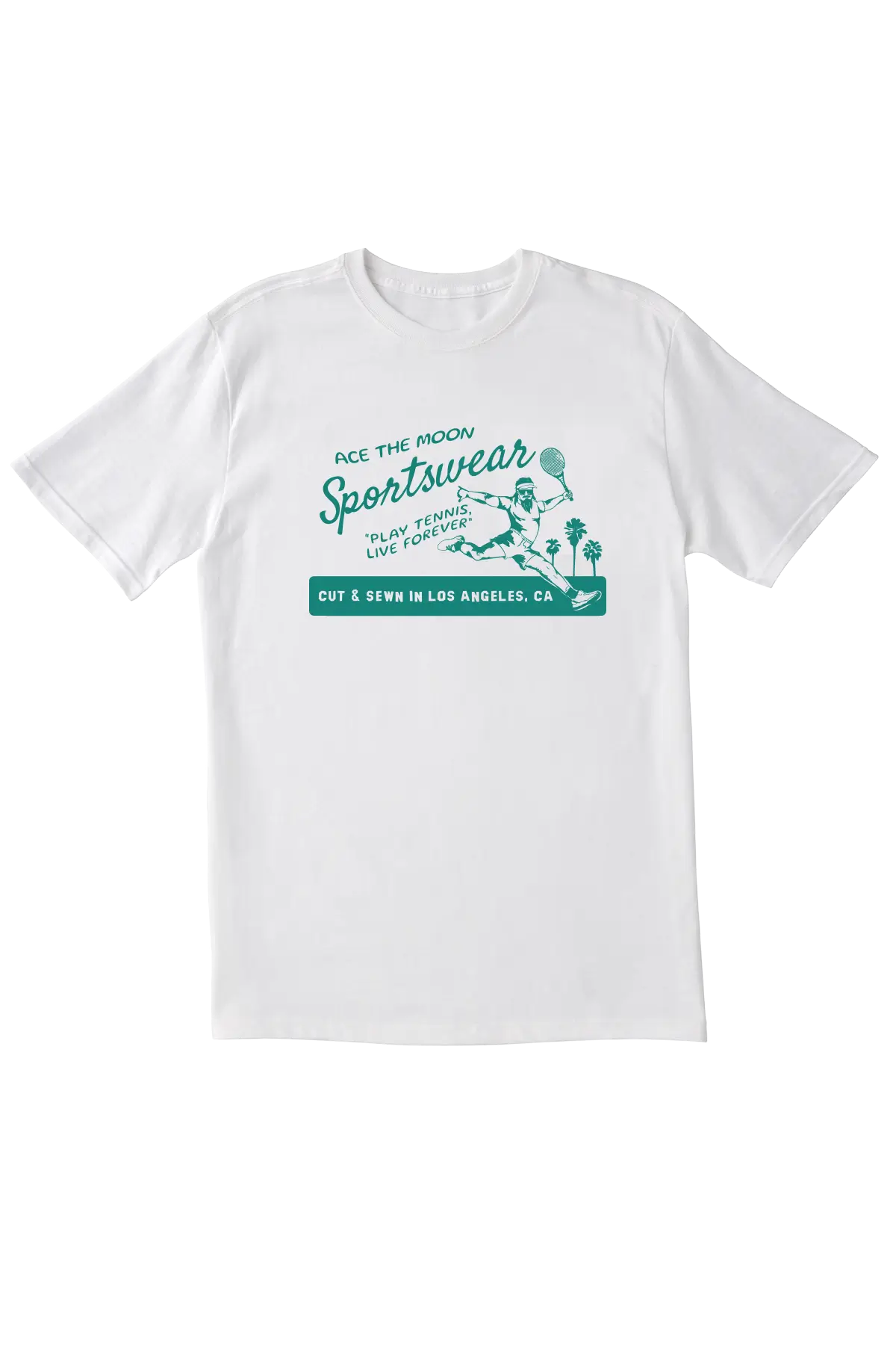 White t-shirt with green and blue graphic design on a white background