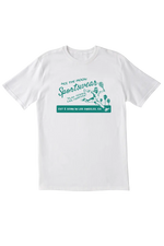 White t-shirt with green and blue graphic design on a white background