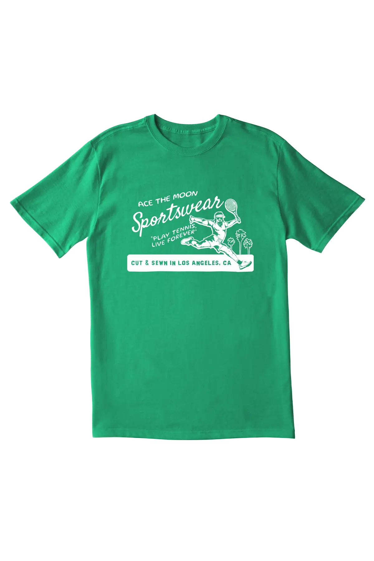Green t-shirt with white graphic and text on a white background