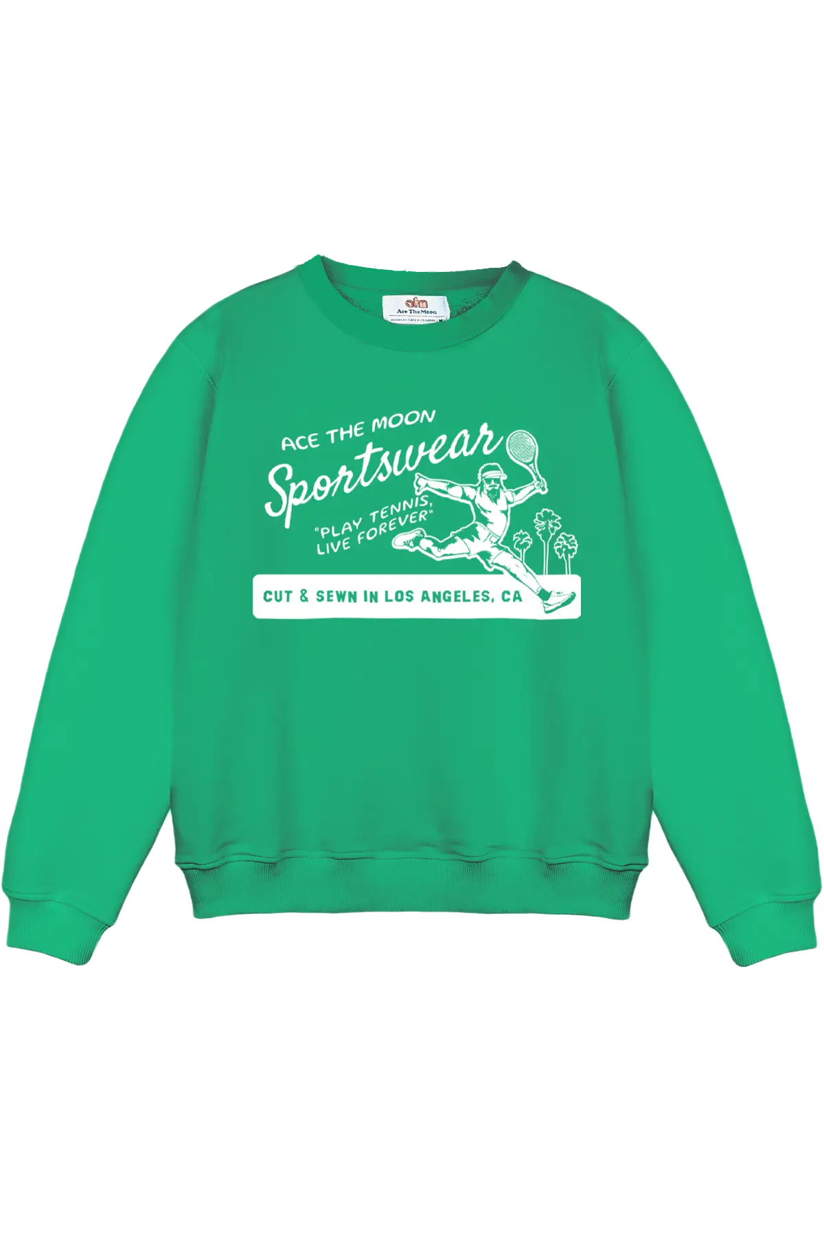 Green sweatshirt with white graphic and text on a white background