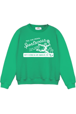 Green sweatshirt with white graphic and text on a white background