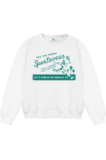 White sweatshirt with green graphic and text on a white background