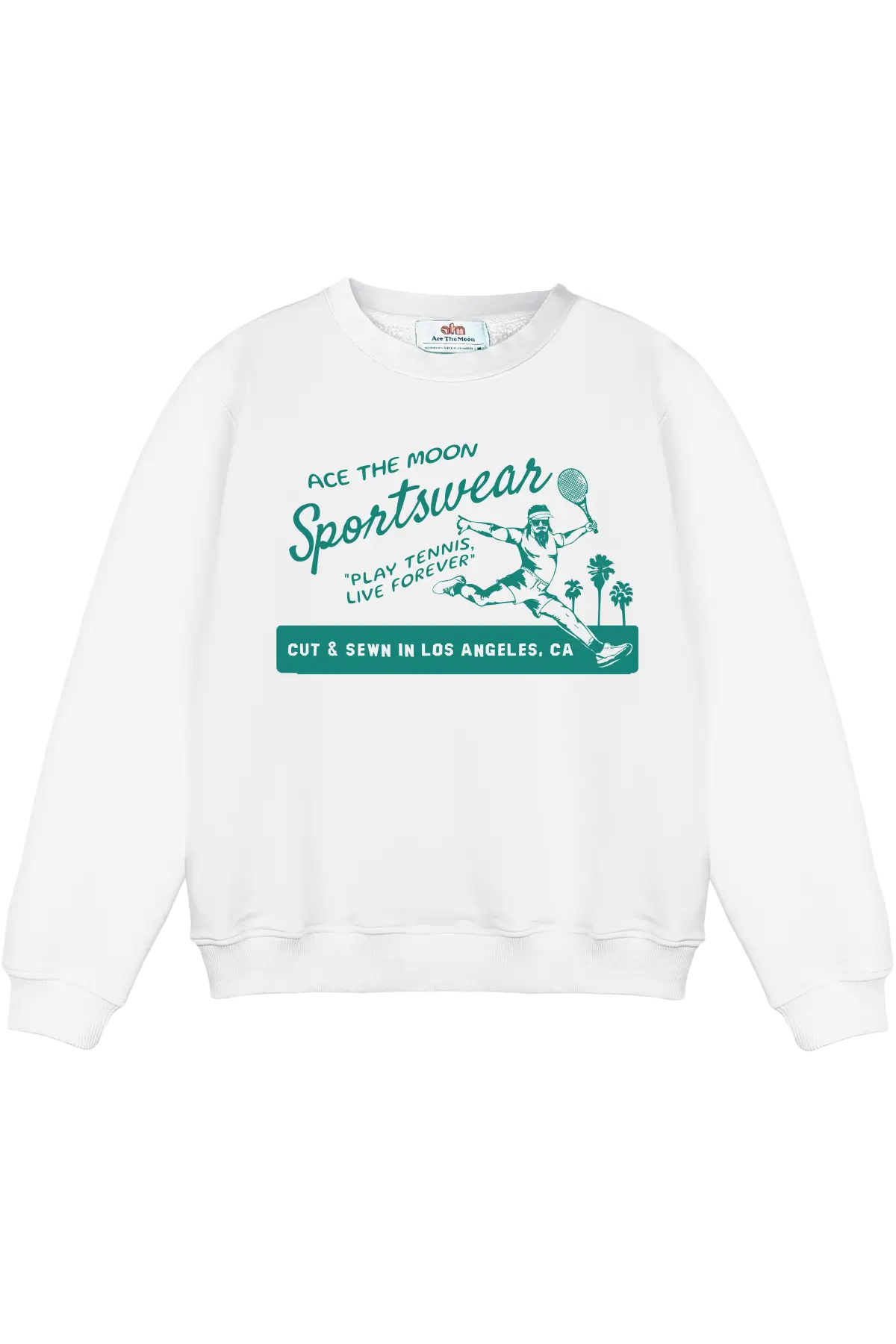 White sweatshirt with green graphic and text on a white background