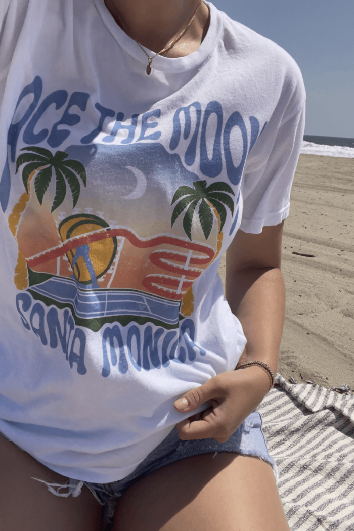 Santa Monica sunset tennis tee shirt by Ace the Moon tennis apparel brand Los angeles