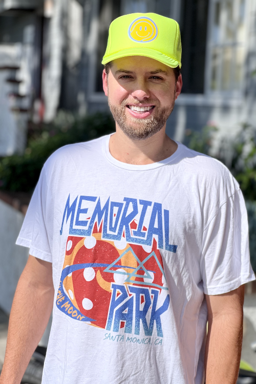 Tennis ball trucker hat and memorial park vintage tee sold by Ace the Moon Tennis and pickleball apparel brand los angeles