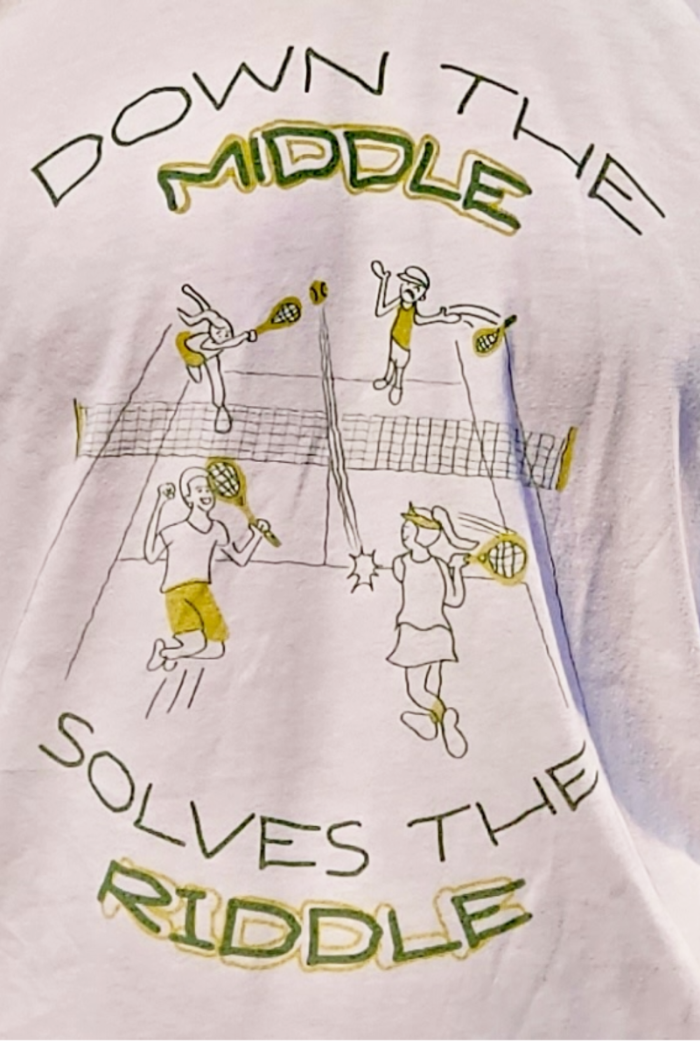 down the middle solves the riddle fun tennis tee by Ace the Moon tennis apparel brand LA