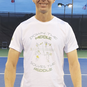 down the middle solves the riddle fun tennis tee by Ace the Moon tennis apparel brand LA