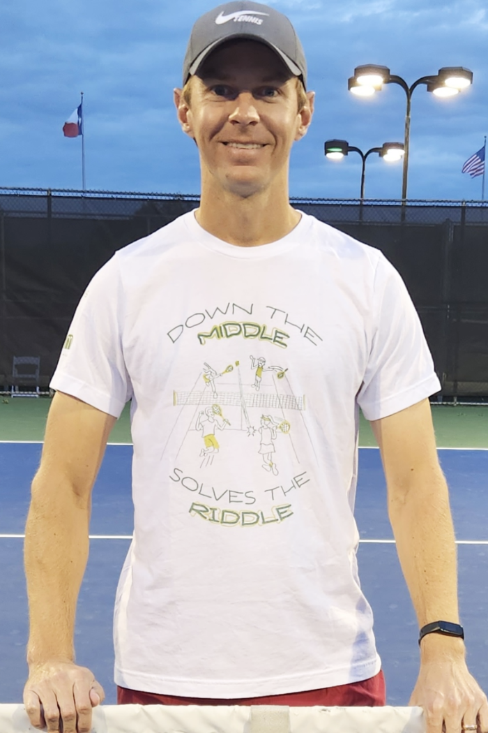 down the middle solves the riddle fun tennis tee by Ace the Moon tennis apparel brand LA
