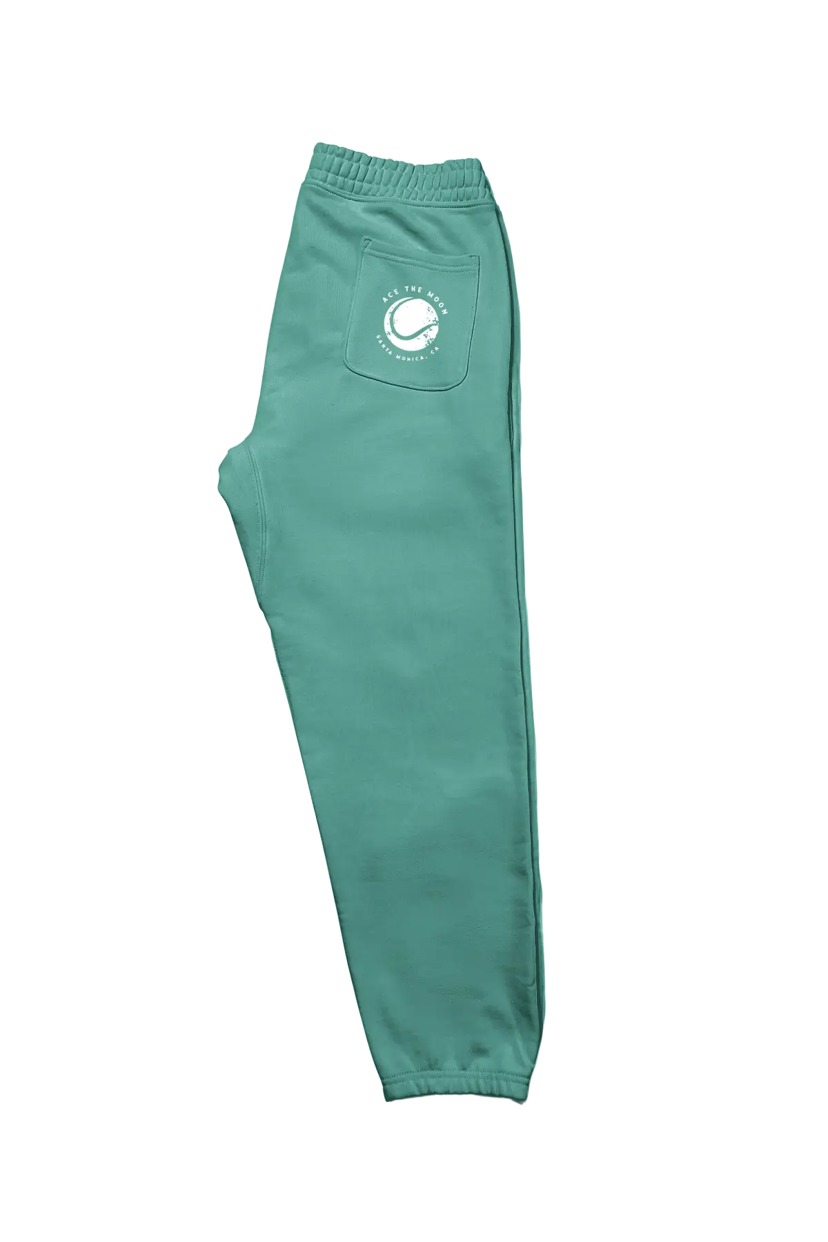 Teal sweatpants with a logo on the pocket against a white background
