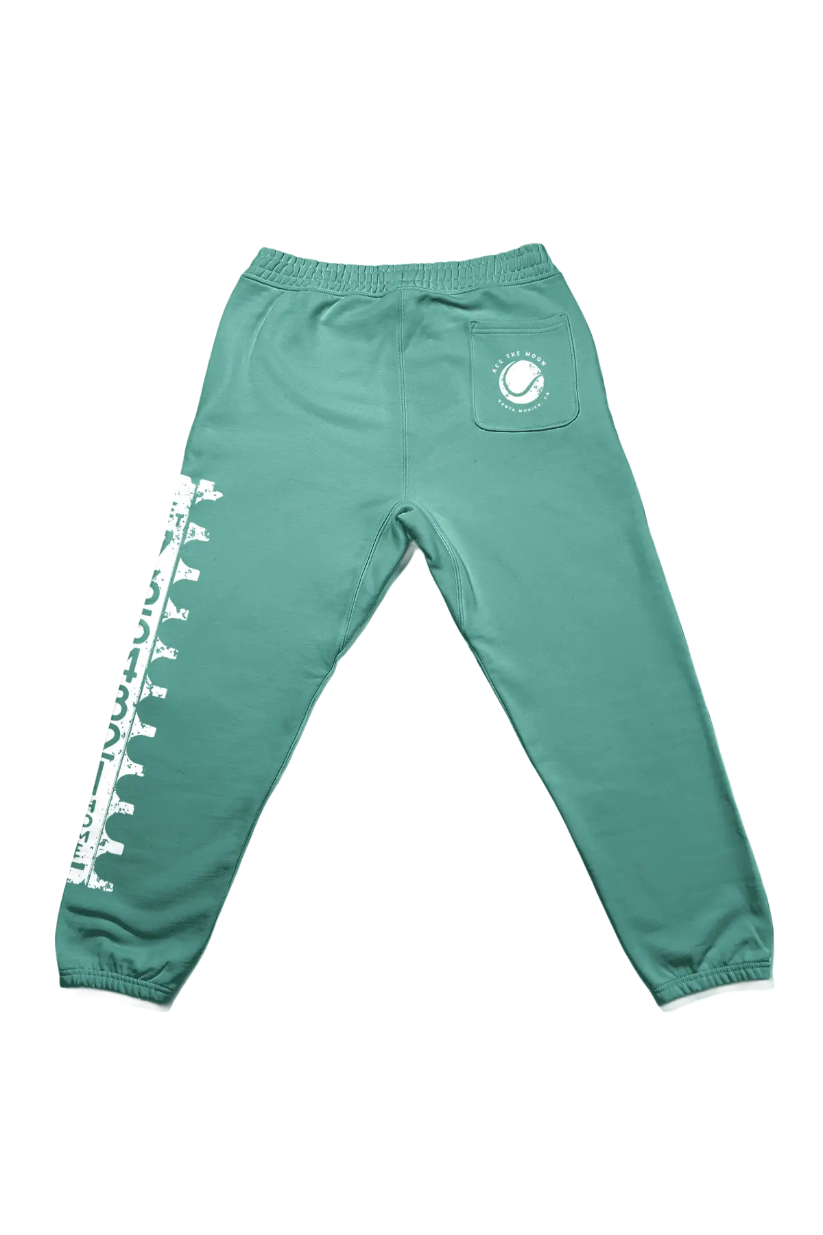 Green sweatpants with white text and logo on a white background