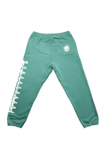 Green sweatpants with white text and logo on a white background