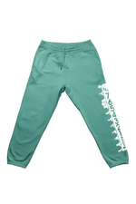 Teal sweatpants with a white graphic on a white background
