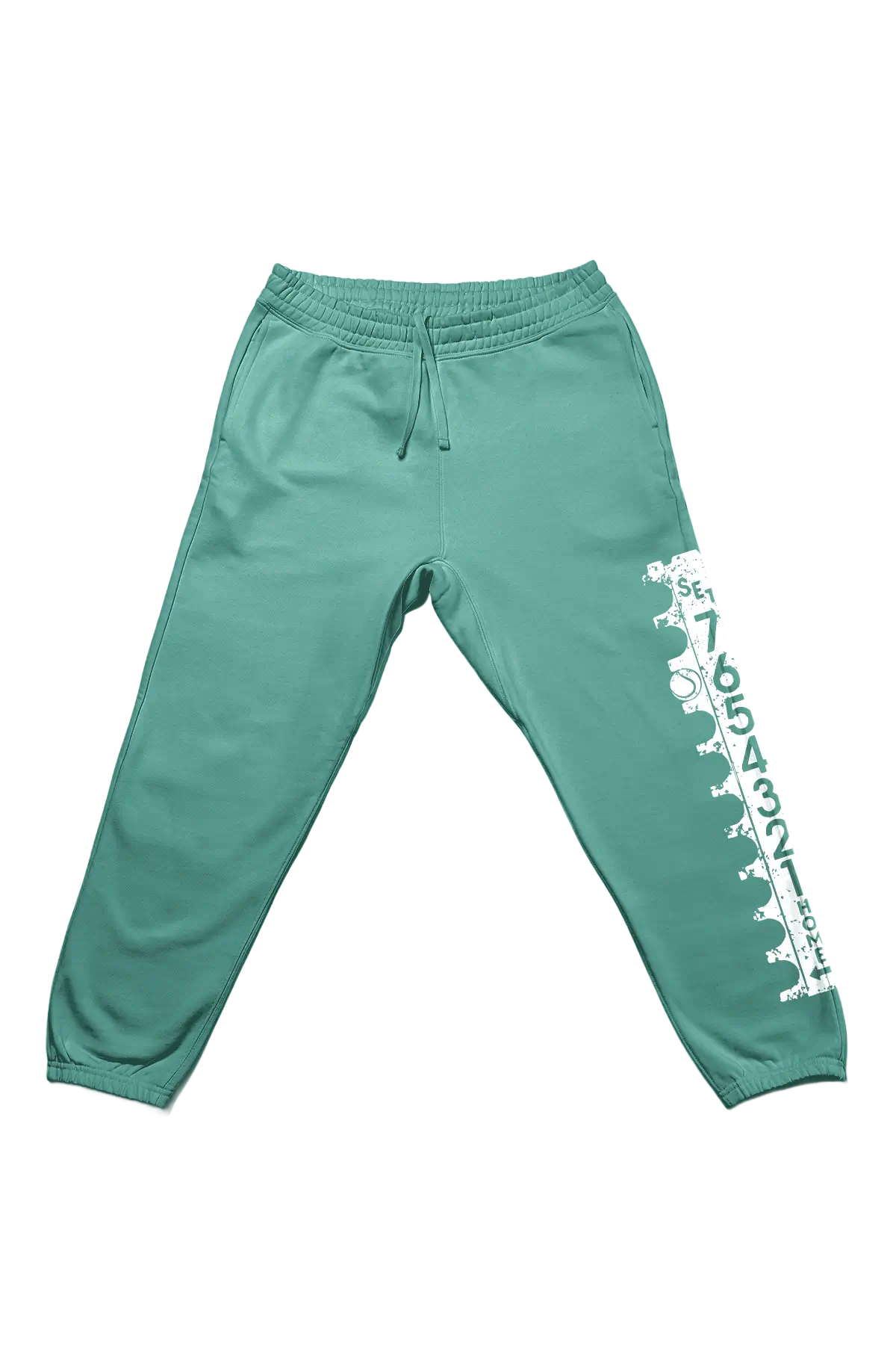 Teal sweatpants with a white graphic on a white background
