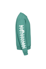 Teal hoodie with white graphic design on a white background