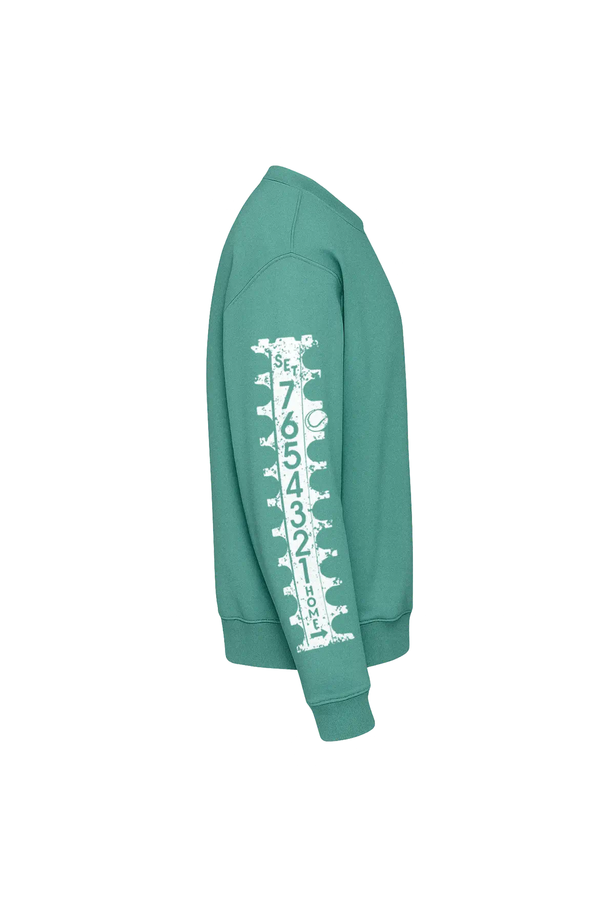 Teal hoodie with white graphic design on a white background