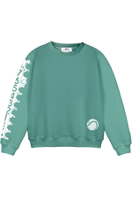 Green sweatshirt with white text and logo on a white background