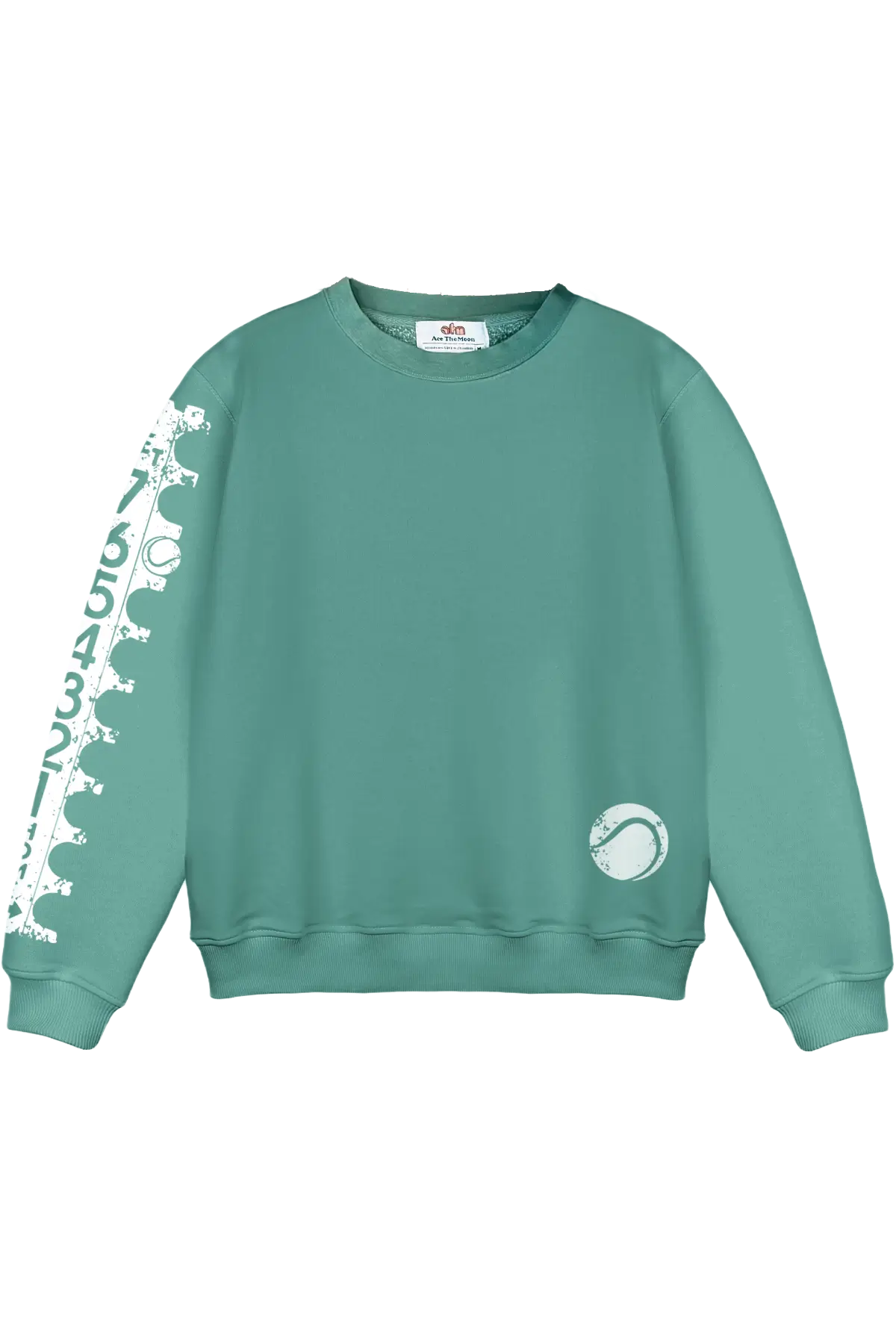 Green sweatshirt with white text and logo on a white background