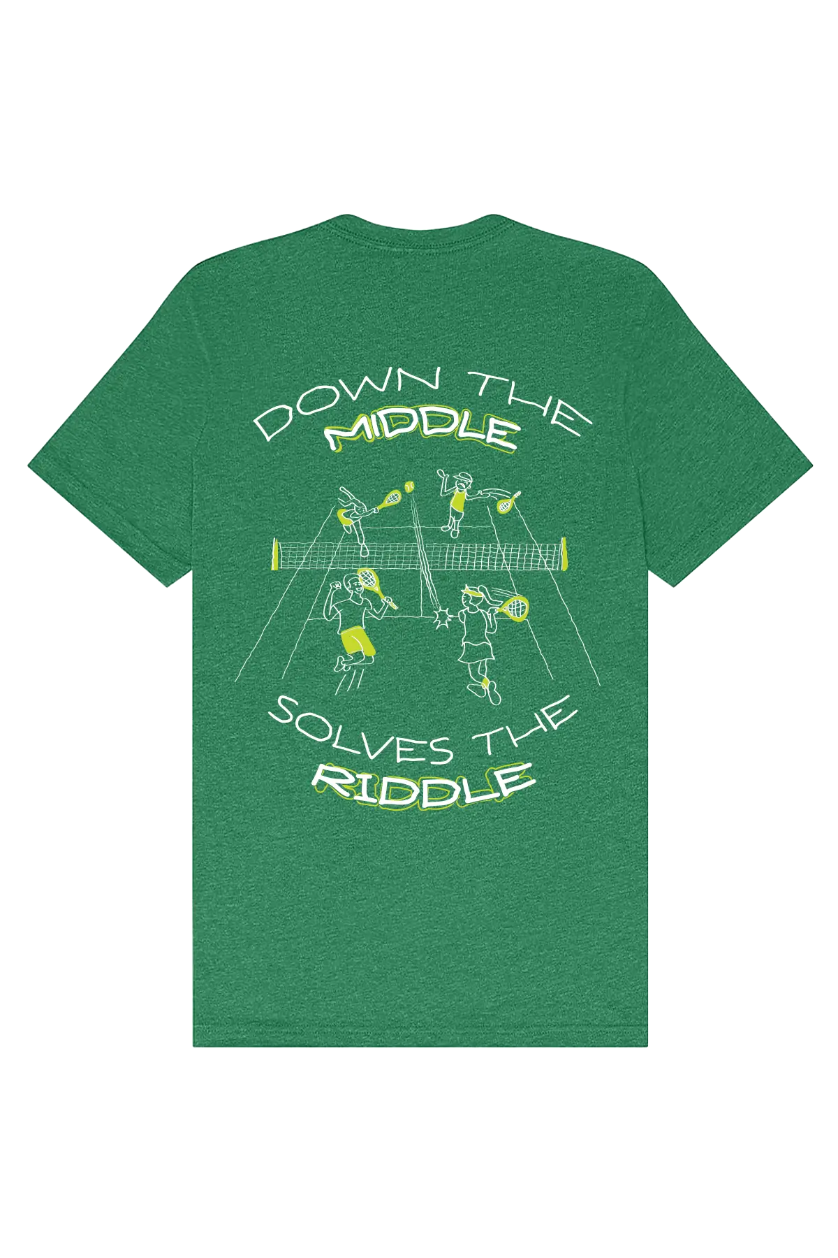 Green t-shirt with graphic design and text on a white background