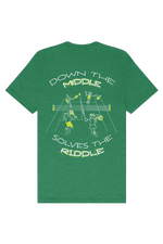 Green t-shirt with graphic design and text on a white background